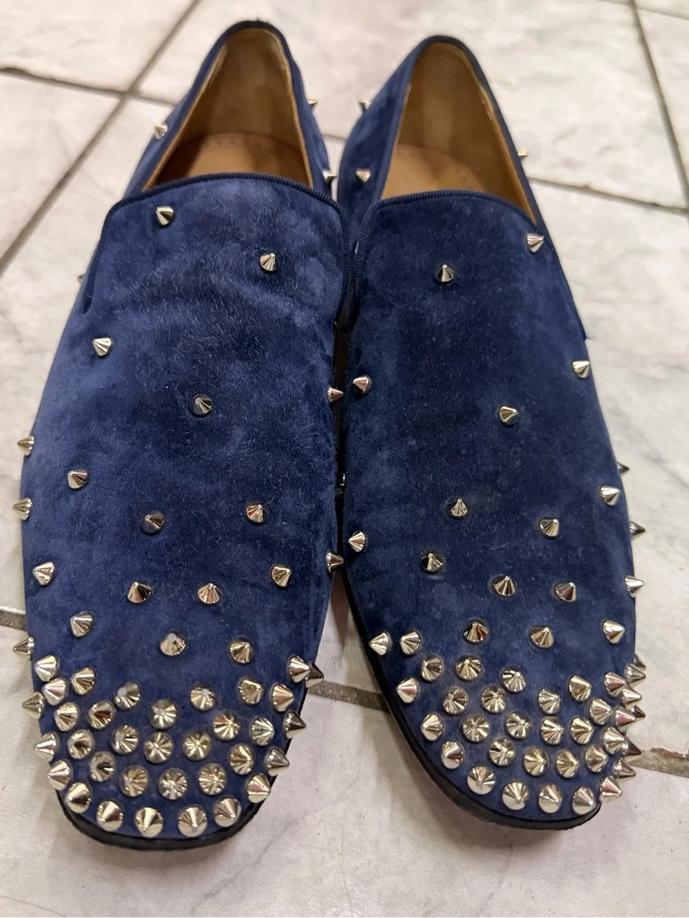 Christian Louboutin Mens Blue Suede Spike Studded Loafers Size 42 1/2